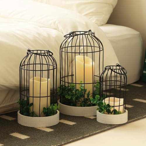 Rustic Farmhouse Lantern Decor Set of 3 Lanterns Decorative Indoor and Outdoor, Fireplace Mantle or Kitchen Dining Table - Modern Upscale Beauty for Home