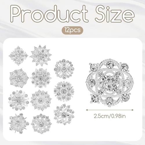 12 Pcs Crystal Rhinestone Flower Brooch Pins Set, Silver Brooch Pins for Women Alloy Wedding Bouquet Brooches for Women Fashion Crafts Embellishment Bridal Wedding Bouquet Kit