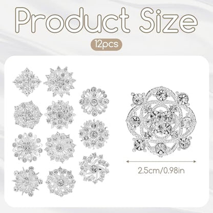 12 Pcs Crystal Rhinestone Flower Brooch Pins Set, Silver Brooch Pins for Women Alloy Wedding Bouquet Brooches for Women Fashion Crafts Embellishment Bridal Wedding Bouquet Kit