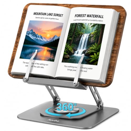 Aoviho Book Stand for Reading, 360° Rotating Book Holder with Page Clip