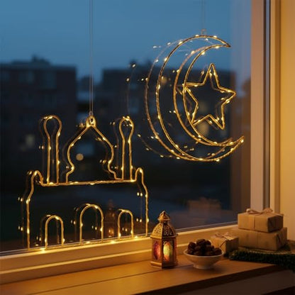 Eid Ramadan Mubarak Window Lights, 2 Pcs LED Hanging Decorations, Moon & Mosque Iron Art, Battery Operated with 8 Lighting Modes, Ramadan Decorations for Home & Festival Indoor & Outdoor Decor