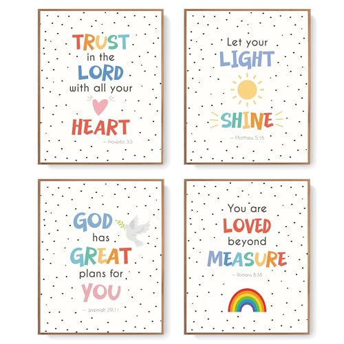 LARTSFRO Bible Christian Wall Art Decor Posters Prints, Inspirational Bible Verses Room Bathroom Bedroom Playroom Dorm Wall Art Decor Aesthetic for Nursery Baby Kids Teen Girls Gifts, Christian Classroom Wall Decor, 10x8 Inch Set of 4 Pcs Pictures (UNFRAM