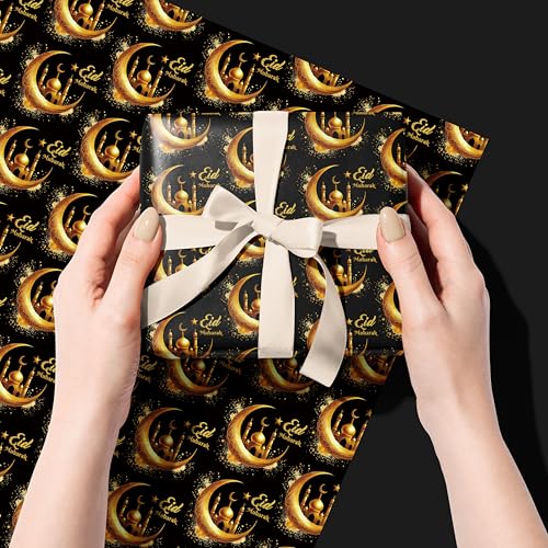 Altarho Eid Wrapping Paper Roll - Black Gold Crescent Moon Mosque Islamic Eid Mubarak Gift Wrap Design for Muslim Festival Holiday Celebration Total 28.5 sq.ft