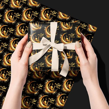 Altarho Eid Wrapping Paper Roll - Black Gold Crescent Moon Mosque Islamic Eid Mubarak Gift Wrap Design for Muslim Festival Holiday Celebration Total 28.5 sq.ft
