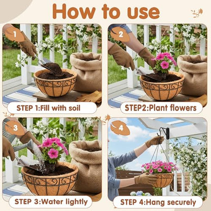 12 inch Metal Hanging Baskets For Plants Outdoor 4 Pack Round Metal Wire Hanging Basket Planter with Coco Fiber Liners Chain Round Wire Plant Holder for Garden, Patio, Deck, Porch Plants Flower Potss - size: 12 Inch, style: Flower Border