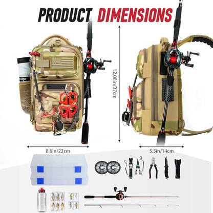 Fishing Sling Bag with Tackle Box, MOLLE System Fishing Backpack with Fishing Lures Kit, Fish Hook Remover Tool, Fish Lip Gripper, Fishing Plier & Accessories, Fishing Gear Gift for Men, Khaki - color: Brown-01Set
