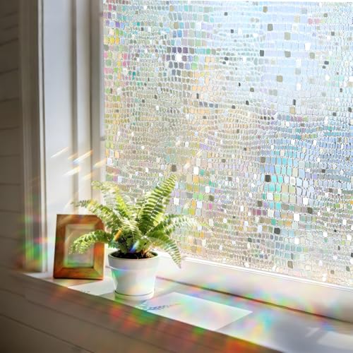 Stained Glass Window Privacy Film,3D Rainbow Static Cling,Pure 17.5"x78.7" | Decorative Window Sticker, Prism Holographic Effect, Sun Blocking, Privacy Protection, Non Adhesive for Bathroom & Door - color: Pure, size: 17.5 x 78.7 Inch
