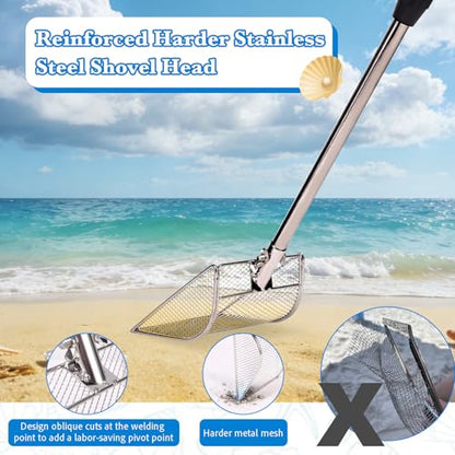 Upgraded 2Pcs Shark Tooth Sifter,Beach Sand Shovel Set,Effortless Angled Design Sand Scoop Shell Scooper for Easy Digging,Reinforced Head,Telescoping Handle for Kids Adults (2pcs Sand Sifter)