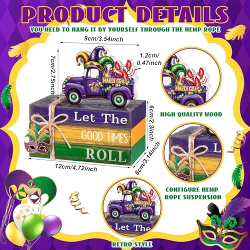 4 Pcs Mardi Gras Decorations Mardi Gras Centerpieces Truck Table Decorations Farmhouse Wooden Tabletop Blocks Sign for Party Rustic Tiered Tray Shelf Office Carnival Decor - style: Mardi Gras