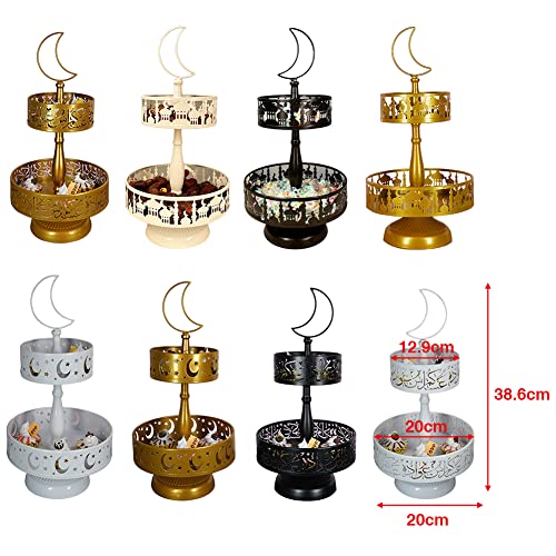 Eid Ramadan Double-Layer Pastry Tray Dinner Plate Tray Dessert Tray for Home Party Decoration, Candy Dessert Rack Iron Serving Tray for Islam Muslim Table Decor Castle (Gold)