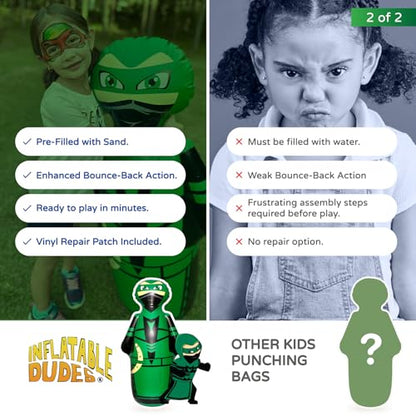 INFLATABLE DUDES Green Ninja Toy 47” - Kids Punching Bag | Sand-Base | Bop Bag, Pre-filled with Sand, Inflatable Toy, Punching Bag for Kids, Enhanced Bounce-Back Action, Indoor/Outdoor - color: Green Archer Standard Ninja | Pre-filled with Sand
