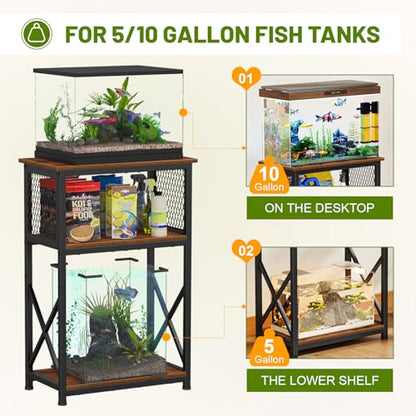 Snughome 10 Gallon Aquarium Stand, 3-Tier Storage Fish Tank Stand 220 lb Top, Fits 5/10 Gallon , Waterproof / Small Space, 20.47" x 11.42" x 30.91", Rustic Brown - color: Rustic Brown, size: 10 Gallon