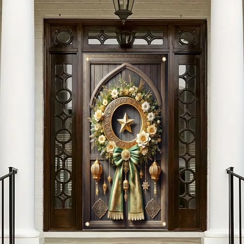 Green Gold Christmas Door Cover Banner 71x35 Inch Elegant Holiday Decoration with Star Flowers and Metallic Bow Front Door Indoor Outdoor Party Entrance Home Ornament - color: Style 4