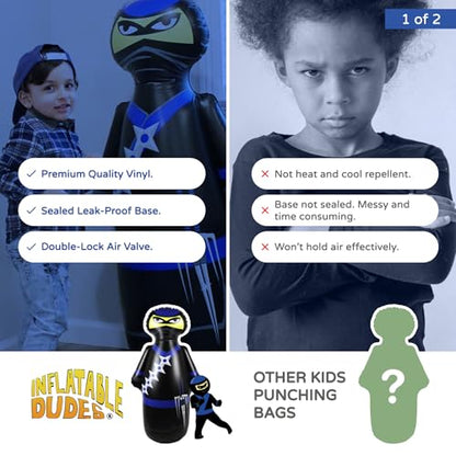 INFLATABLE DUDES Black Ninja Toy 47” - Kids Punching Bag | Sand-Base | Bop Bag, Pre-filled with Sand, Inflatable Toy, Punching Bag for Kids, Enhanced Bounce-Back Action, Indoor/Outdoor - color: Black/Blue Standard Ninja | Pre-filled with Sand
