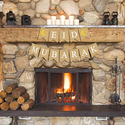 Jute Burlap Eid Mubarak Banner with Moon and Star Ramadan Home Mantel Fireplace Decoration