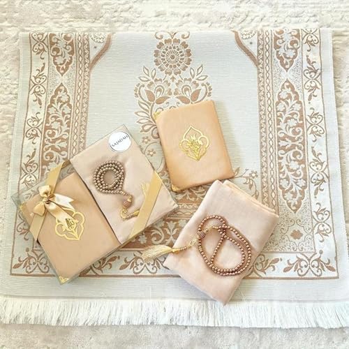 SAJADAH Muslim Prayer Rug Set - 4 in One Islamic Gifts Set, Prayer Mat, Prayer Beads, Hijab, Surahs Book,Eid Gifts - color: Light Brown