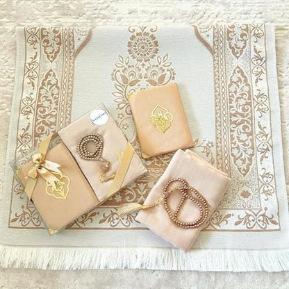 SAJADAH Muslim Prayer Rug Set - 4 in One Islamic Gifts Set, Prayer Mat, Prayer Beads, Hijab, Surahs Book,Eid Gifts - color: Light Brown