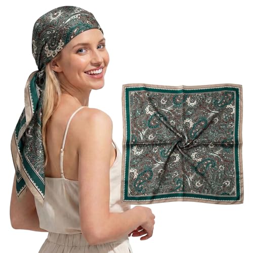 RIIQIICHY Head Scarf for Women Like Silk Satin Scarf for Hair Wrapping at Night Bandana Square Scarf for Sleeping 35 Inch - color: Emerald Paisley Scroll