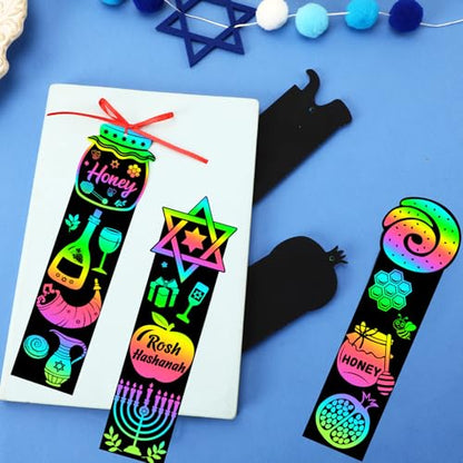 JUNEBRUSHS Rosh Hashanah Scratch Art Bookmarks 30 Pack Jewish New Year Scratch Cards Rosh Hashanah Crafts for Jewish Activities Rainbow DIY Gifts Party Supplies - style: Rosh Hashanah Style