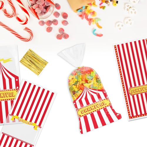 Threetols 120 Pcs Carnival Circus Cellophane Bags, Circus Gift Treat Snack Bag Goodie Candy Bag Red White Stripe Carnival Treat Plastic Bags with Twist Ties for Circus Carnival Baby Shower Party Favor - color: red