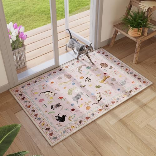 Rugcomf Small Area Rug 2x3 Door Mat Washable Floral Animal Cat, Pink - color: Pink/Cat, size: 2' x 3' (Rectangular)