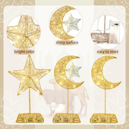 Baquler 3 Pcs LED Lighted Ramadan Moon and Star Ornament Gold Glittered Battery Operated Ramadan Decoration Table Decor for Indoor Home Bedroom Tabletop Centerpiece Holiday Party