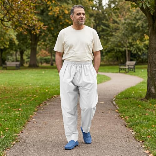 HEEPDD Men Muslim Loose Elastic Band Afghan Trousers, Polyester Cotton Pants with Stripe Decor, White, XXL - size: 48 Long