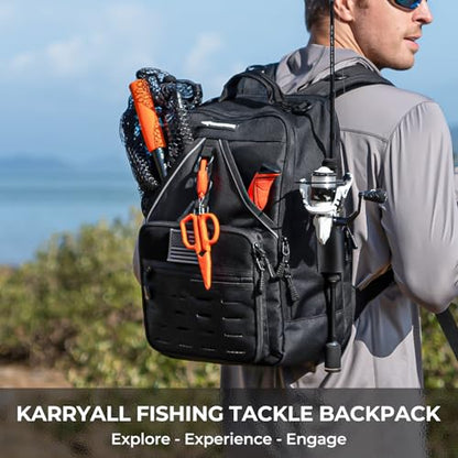 KastKing KarryAll Fishing Backpack with Rod Holder 4 Tackle Boxes, 40/26L | Tackle Bag Storage Fishing Gear and Equipment, Water‑Resistant Material, Fishing Gift for Men - color: D: Medium (26 L) - Black