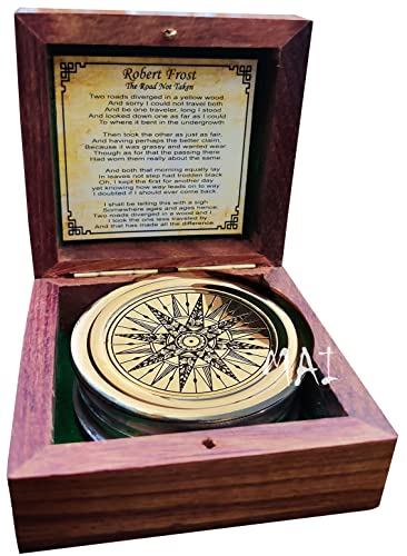 Antiqued Brass Robert Frost Poem Compass with Wooden Box, Inspirational Gifts for Woman, Aniversity Gifts for Men,Engraved,Wedding for Boys, Pocket Compass for Hiking Survival