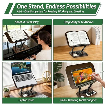 Book Stand for Desk, 360° Rotating Cookbook Holder for Hands-Free Reading Recipe Book Holder with Page Clips, Adjustable Height for Textbooks, Comics, Sheet Music - style: Book Stand(Walnut Finish)