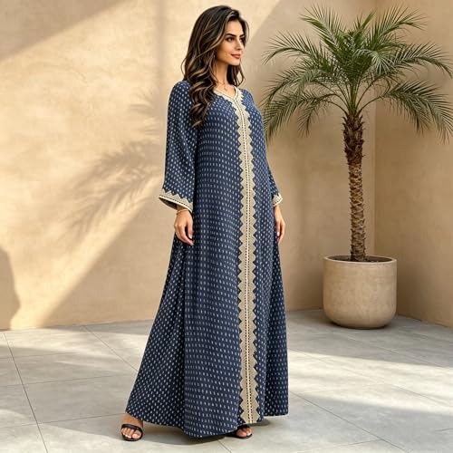 Women Muslim Abaya Dress V Neck Embroidered Kaftan Long Sleeve Loose Islamic Maxi Prayer Robe for Ramadan Eid - color: Navy Blue, size: Small