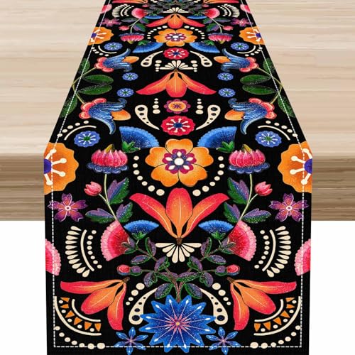 Mexican Fiesta Table Runner,Mexico Talavera Dia De Los Muertos Party Farmhouse Rustic Runner Day of The Dead Decor and Supplies for Kitchen Dining Home Table Decoration 13 x 36 Inch - color: Mexican Flowers-1, size: 13x36" Table Runner
