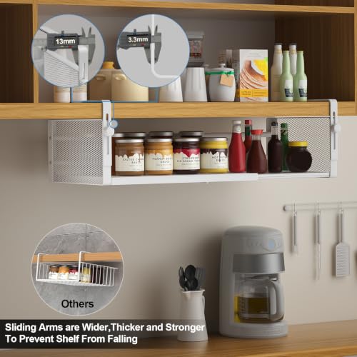 AmonHouseware 2Pack Expandable Under Shelf Storage Basket Organizer, White | Adjustable Hanging,Length Stretchable14.9-22.6Inch,Under Cabinet Shelf for Laundry Room Kitchen Pantry Desk Counter Cupboard - color: White