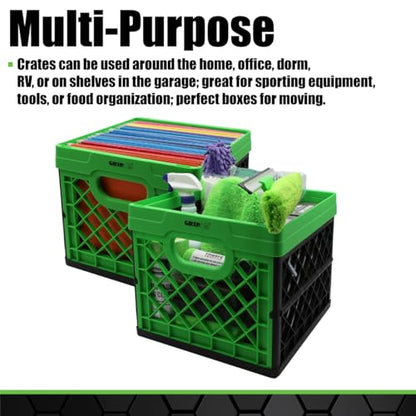 Grip Folding Stackable Storage Bin, Grn, 6 Gallon - Dimensions: 13" x 13" x 11" - Milk Crate - Capacity: 50 lbs - Heavy Duty Plastic - Collapsible Crate for Sporting Goods, Toys, Pool Toys, Files
