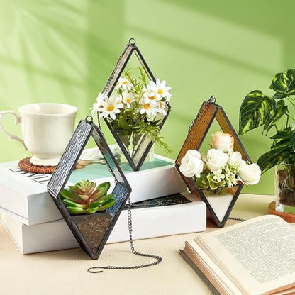Yaomiao 3 Pcs Stained Glass Hanging Plant Terrariums Hanging Glass Planter Small Geometric Terrarium Air Plant Terrarium with Chain for Succulent Moss Holders Garden Wall Windowsill (Vivid Color)