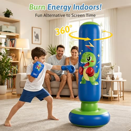 RORALA 66 Inch Inflatable Punching Bag for Kids with Boxing Gloves, Children's Boxing Bag Set Dinosaur Toy & Gifts for Boys Girls Aged 3 to 12 to Practice Karate, Taekwondo