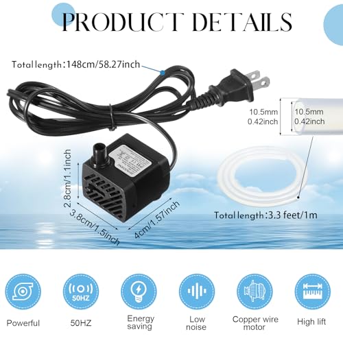 Lounsweer 12 Set Mini Fountain Pump 50 GPH 3W Small Submersible Water Pump with 3.3 ft Tube Electric Quiet Aquarium aspirator for Fish Tank, Pond, Pool, Aquariums, Pet Fountain Hydroponics