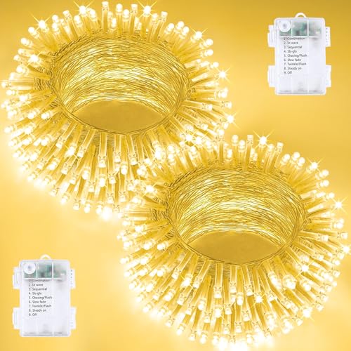 2 Pack 200 LED Battery Operated String Lights, 8 Modes Twinkle Fairy Lights - color: Warm White, size: 2PK(100LED)