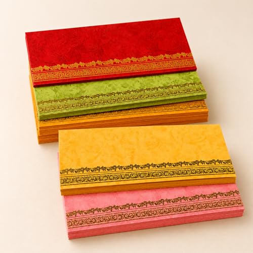 LoveNspire Money Envelopes (7 x 3 Inch) Decorative Golden Border Shagun Lifafa for Indian Wedding, Birthday | Cash Gift Holder & Home Savings Organizer Multicolor 100 - color: Gold Border Mix, size: Pack of 100