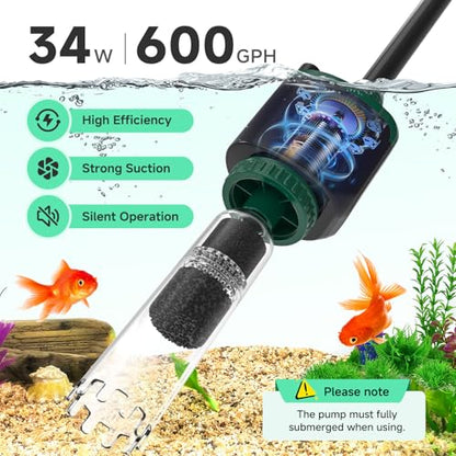 AQQA 6-in-1 Aquarium Gravel Cleaner, 600GPH Adjustable Flow Aquarium Vacuum | Electric DC Fish Tank Cleaner, Extendable Length, Supports Changing Water, Washing Sand, Water Filtering and Circulation