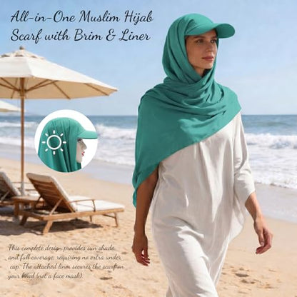 ZLYC Women Muslim Hijab Scarf with Visor Built-in Undercap Sun Protection Headwrap - color: Solid Copper Blue
