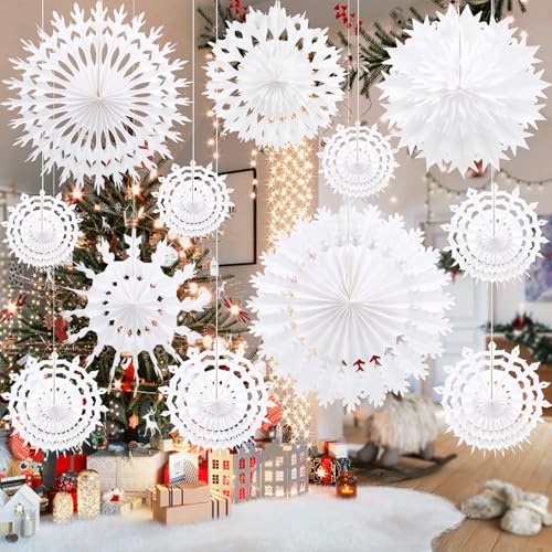 BestoFun 12 PCS White Paper Snowflake Decorations Frozen Birthday Party Supplies Winter Wonderland Party Decorations Christmas Large Snowflake Decorations Hanging Snowflake Decorations - color: Snow