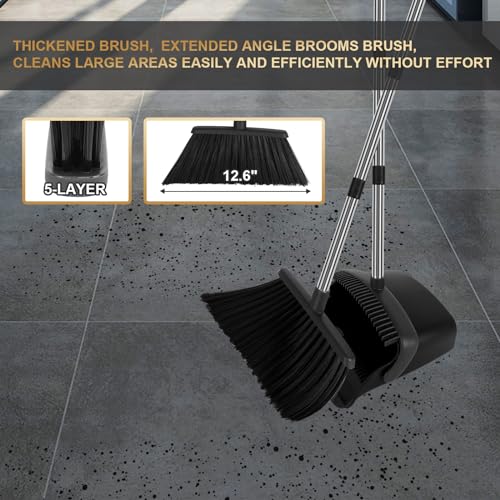 Upgraded Broom and Dustpan Set, 55" Long Handle Black Large Broom with Dustpan Combo Set，Self Cleaning Dustpan for Lobby Kitchen Office Restaurant - color: Black, size: Large