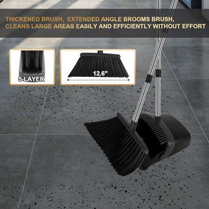 Upgraded Broom and Dustpan Set, 55" Long Handle Black Large Broom with Dustpan Combo Set，Self Cleaning Dustpan for Lobby Kitchen Office Restaurant - color: Black, size: Large