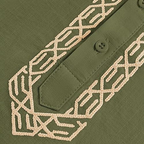 Mens Kaftan Thobe Side Split Linen Caftan Long Sleeve Button Down Henley Shirt Muslim Gown Casual Robe Kurta Tops - color: Green, size: Large