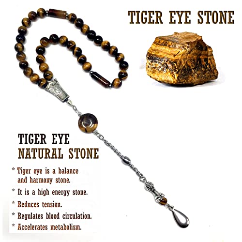 Design -Tiger Eye Stone Series Worry Beads - Prayer Beads - Tesbih-Tasbih-Tasbeeh-Misbaha-Masbaha-Subha-Sebha-Sibha-Rosary (Tiger Eye Natural Stone -8 mm 33 Beads & Drop Tassel) - color: Tiger Eye Natural Stone -8 Mm 33 Beads & Drop Tassel