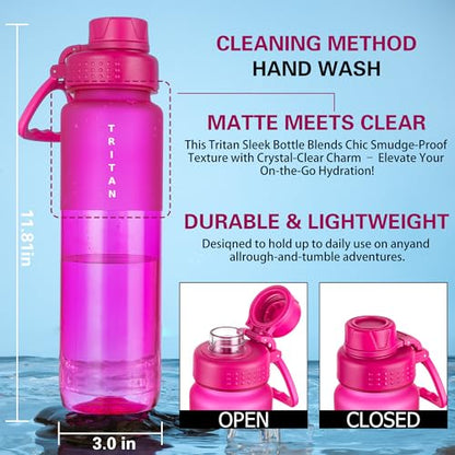 OLDLEY 32 oz Water Bottle with Handle, BPA-Free Tritan Reusable Sports Water Bottle with Leak-Proof Dust Lid, Wide Mouth, Cup Holder Friendly, Half Frosted Clear Bottle for Gym, Travel, Work,Hot Pink - color: Hot Pink