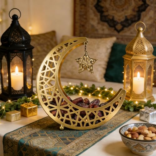 Ramadan Decoration Ramadan Trays, Metal Eid Mubarak Plates Moon Star Serving Trays Food Storage Containers Dinner Plate Dessert Platters Crescent Display Tray Holder for Eid Party Favor