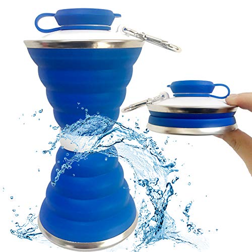 Collapsible Water Bottle, Camping Cup With Carabiner, Reuseable Silicone Foldable Leak Proof Portable Sports Travel Water Bottles For Outdoor, Travel Gym Hiking, BPA Free, Cycling Cups with Carabiner - color: Blue
