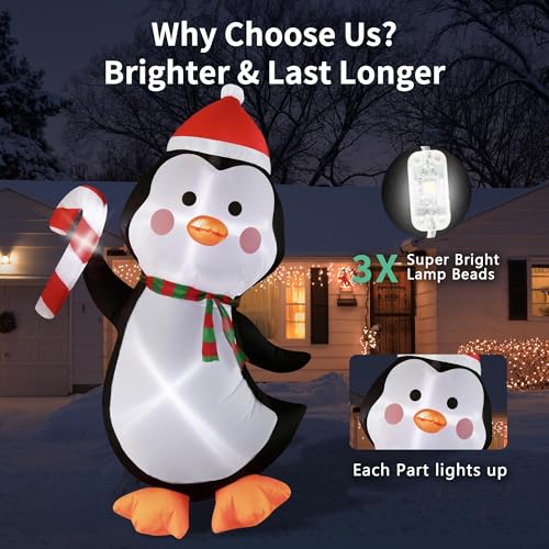 5FT Christmas Inflatables Outdoor Decorations Penguin Holding Candy Cane Blow Up Cute Christmas Decor Built-in LED Lights for Xmas Yard Outside Indoor Party Lawn Garden Porch Holiday - style: 5FT Penguin with Candy Cane